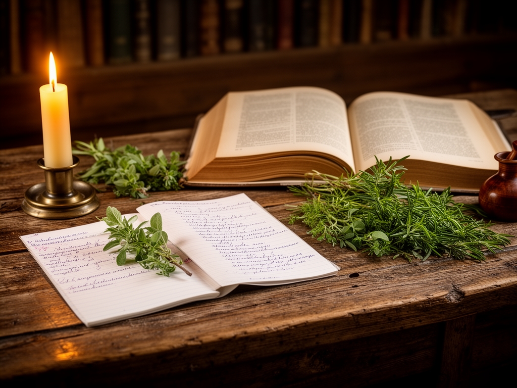 Otevřené knihy, zápisky a byliny na starém dřevěném stole v teplém světle svíčky, atmosféra soustředěného studia a výzkumu, akademická estetika