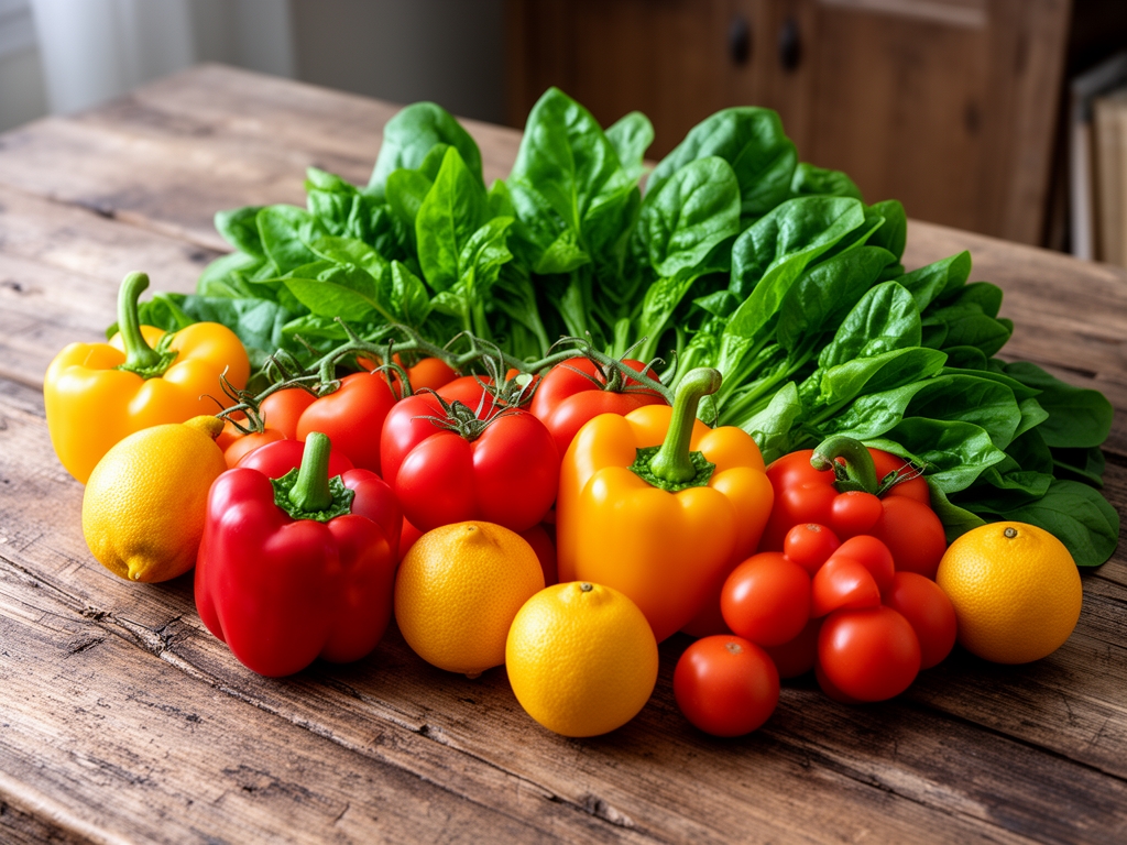 Čerstvá zelenina a ovoce na rustikálním dřevěném stole, živé barvy paprik, rajčat, zelené listové zeleniny a citrusů v přirozeném denním světle, zátiší plné vitality