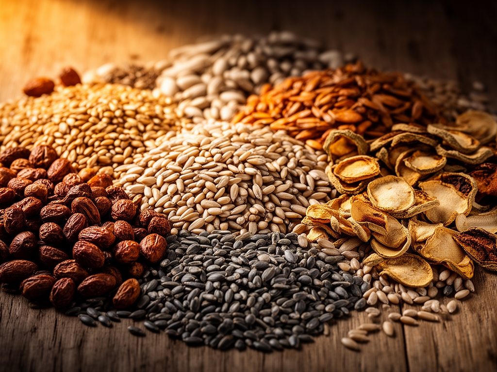 Zátiší s různými druhy obilovin, semínek a sušených plodů na dřevěném podkladu s teplým bočním světlem, detailní záběr na přirozené textury potravin