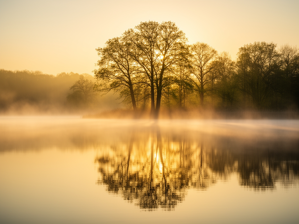 Tiché ráno u jezera s odrazem stromů ve vodě, ranní mlha nad hladinou, zlaté světlo svítání, atmosféra klidu a regenerace