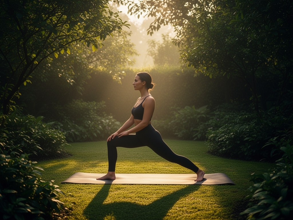 Osoba provádí jógu v tiché zahradě za úsvitu, obklopena zelení, ranní světlo vrhá dlouhé stíny, atmosféra klidu a soustředění
